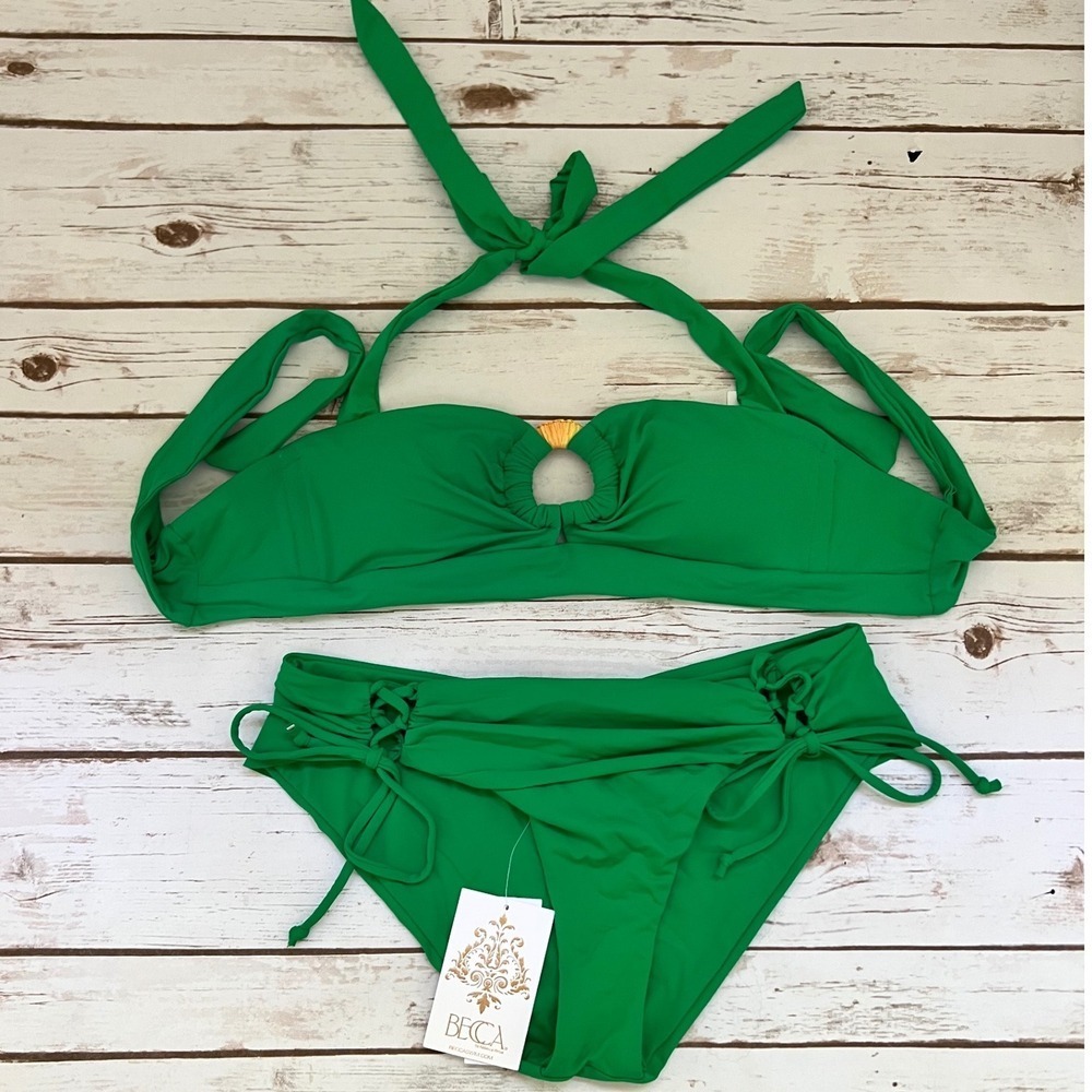 NEW Becca Bikini Set Emerald Green Bandeau Halter Lace Up Side  S/L
